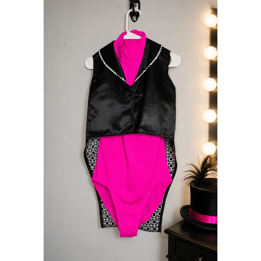 Weissman Hot Pink Dance Leotard and‎ Black Satin Tuxedo Vest Costume Set Large